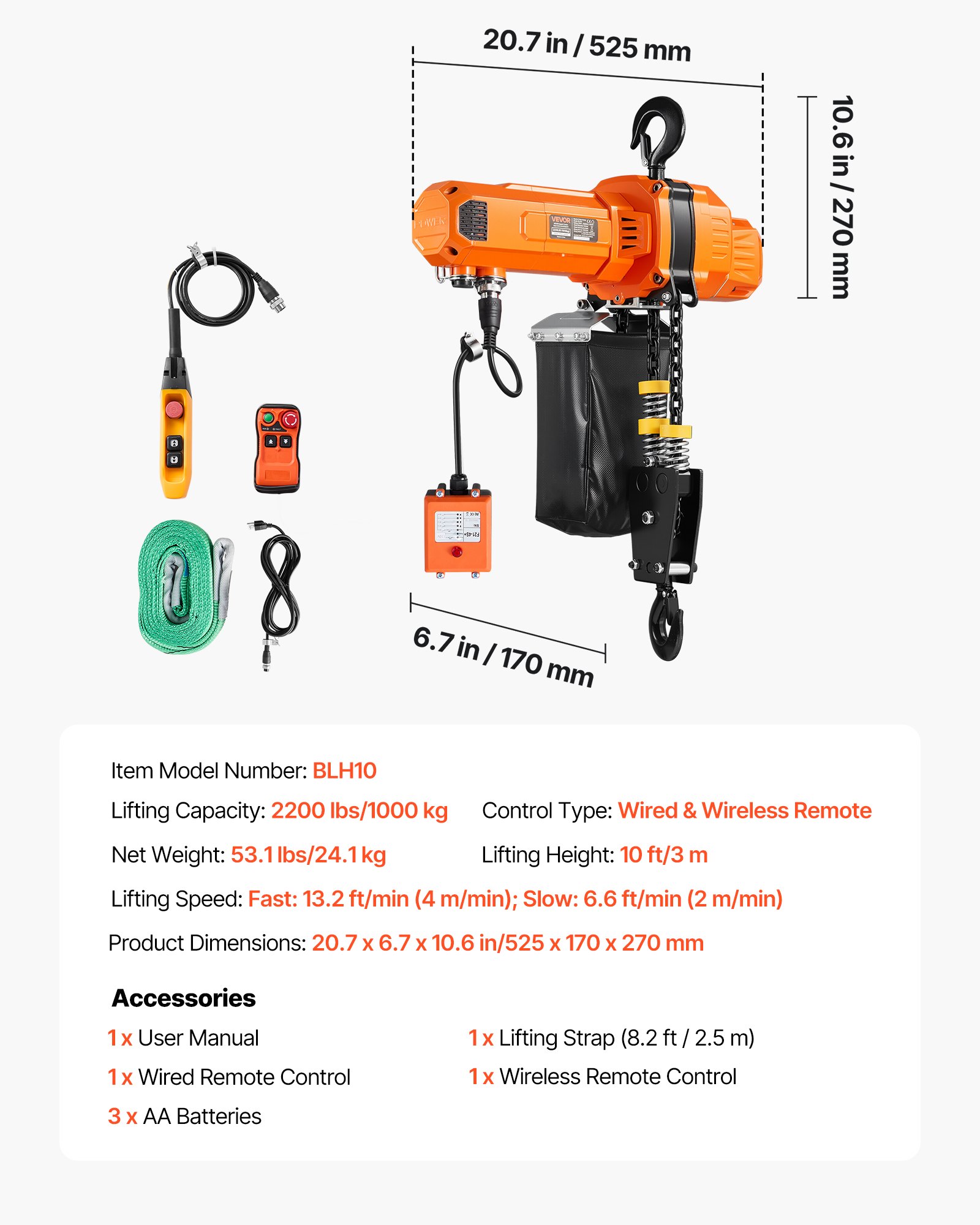 2200 Lb Electric Chain Hoist - 10 Ft Lift, 328 Ft Wireless Remote Control for Garage & Warehouse