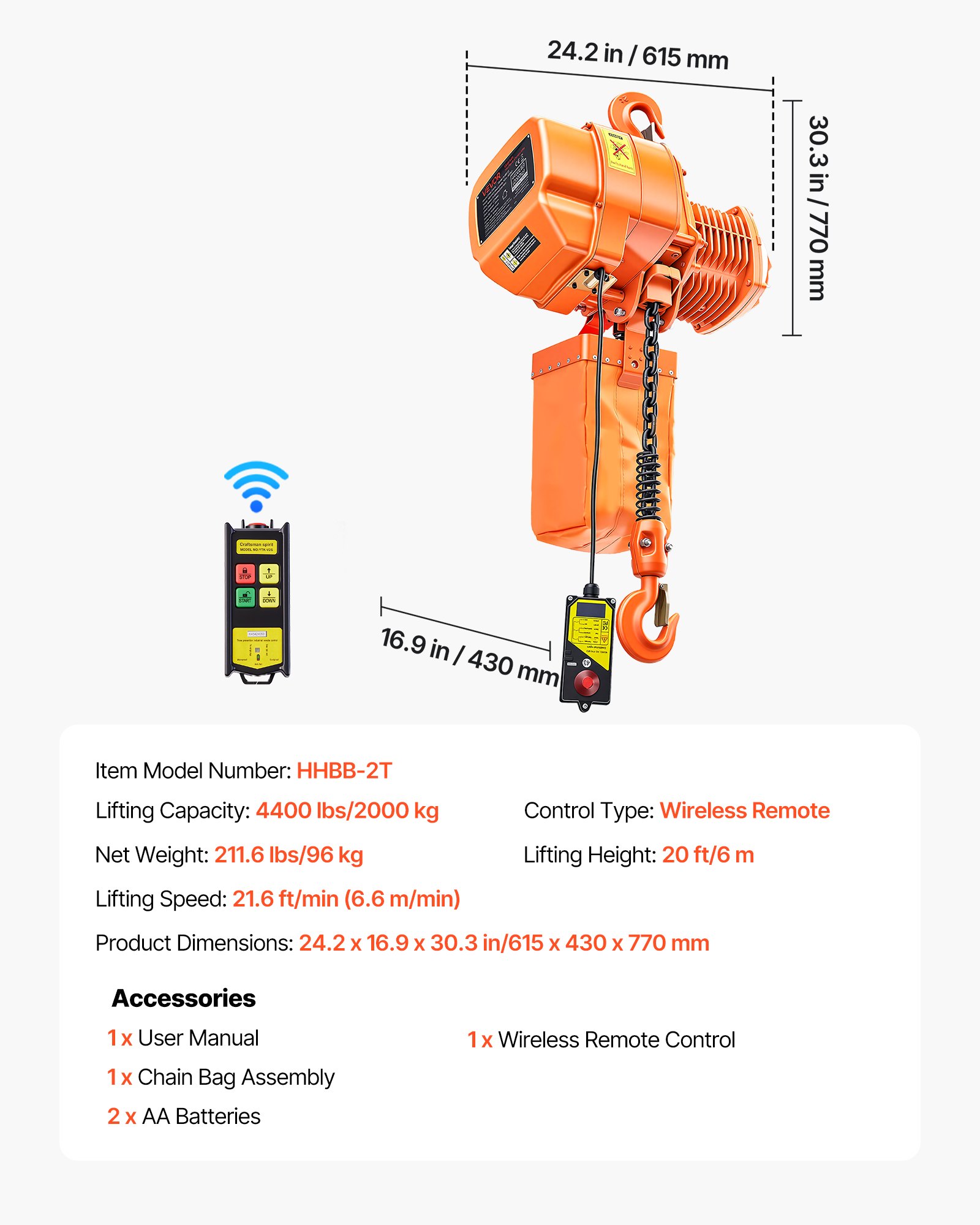 4400 Lb Electric Chain Hoist - 20 Ft Lift, 328 Ft Wireless Remote, Three Phase Motor for Warehouse Garage Shop