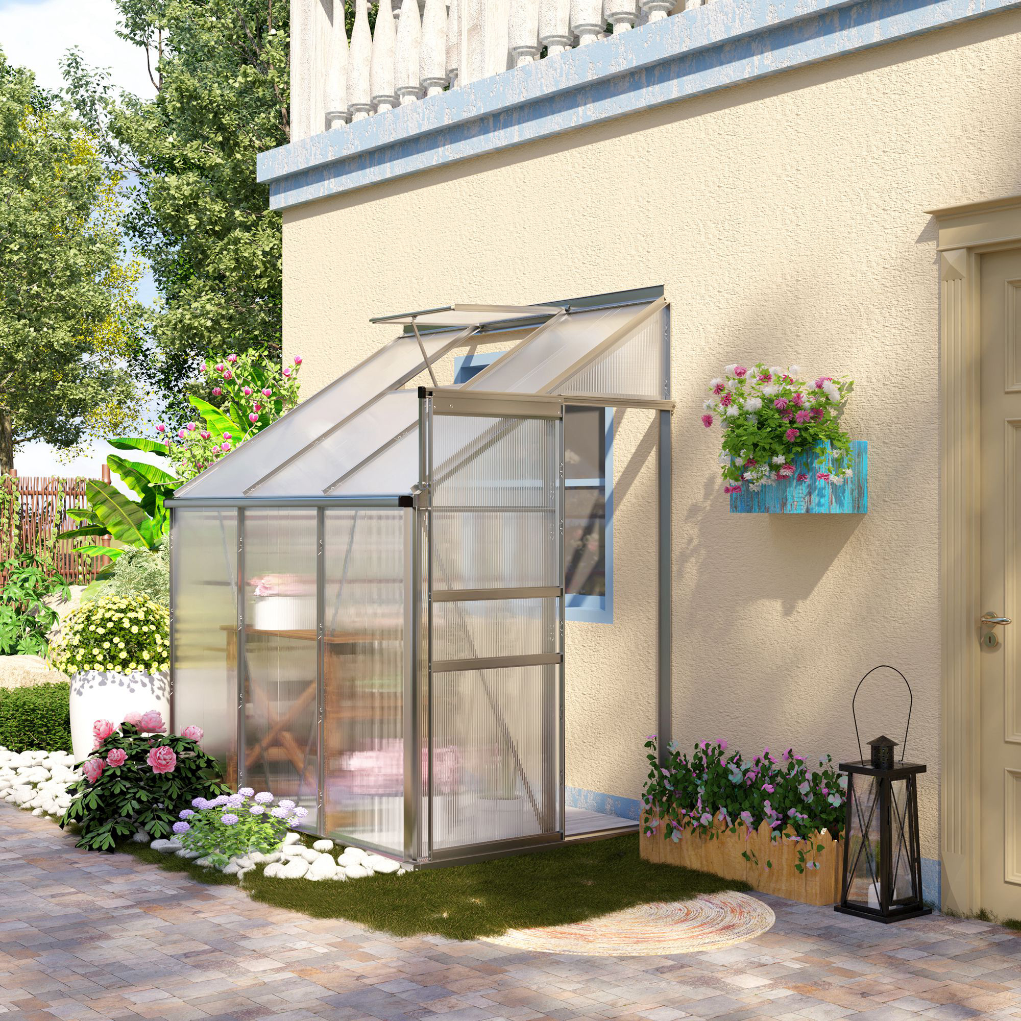 6x4ft Aluminum Lean-to Greenhouse - Walk-in Winter Garden with Sliding Door & Adjustable Roof Vent
