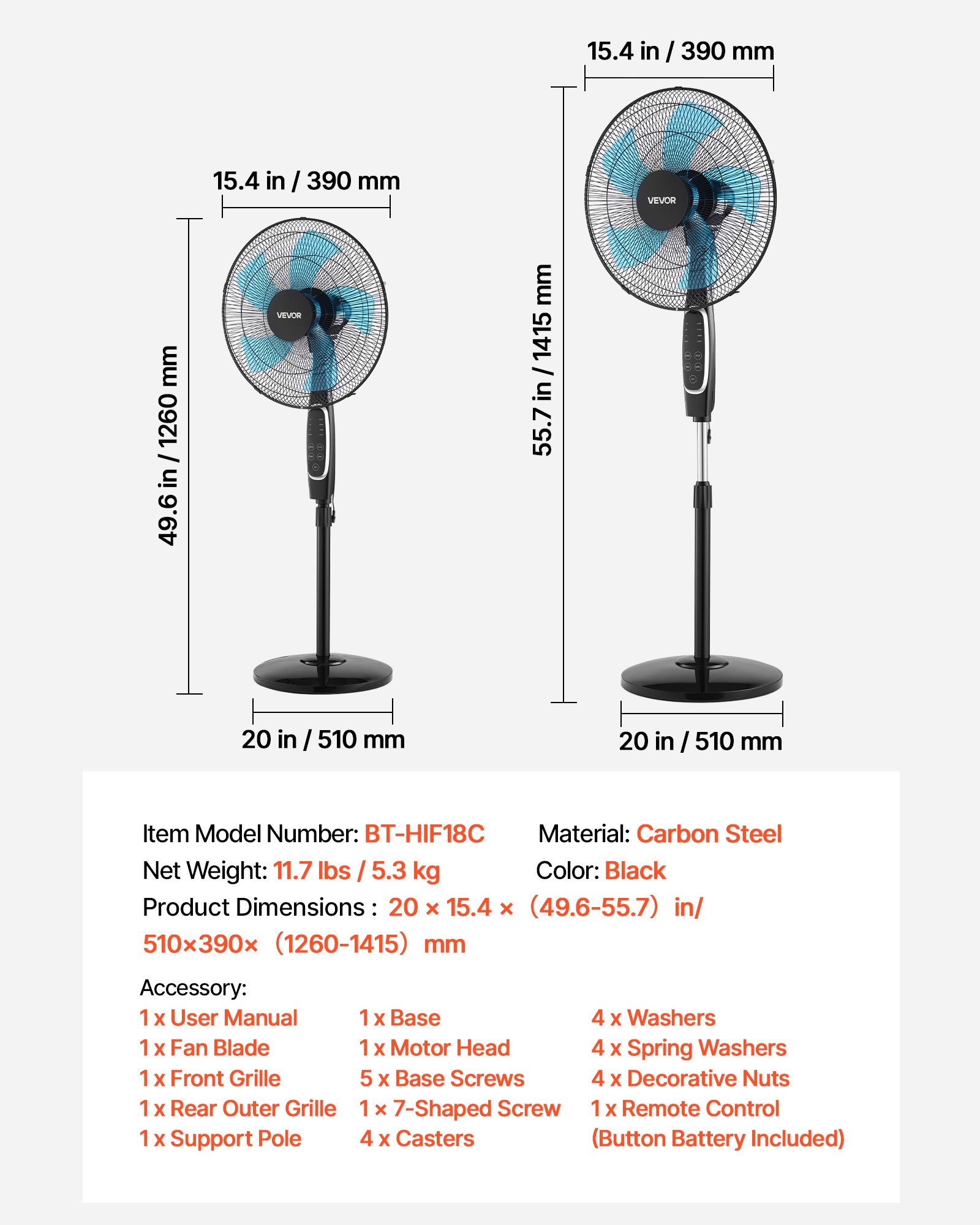 18-Inch Pedestal Fan 2700 CFM - 9 Speed Remote Control Standing Fan with Quiet DC Motor