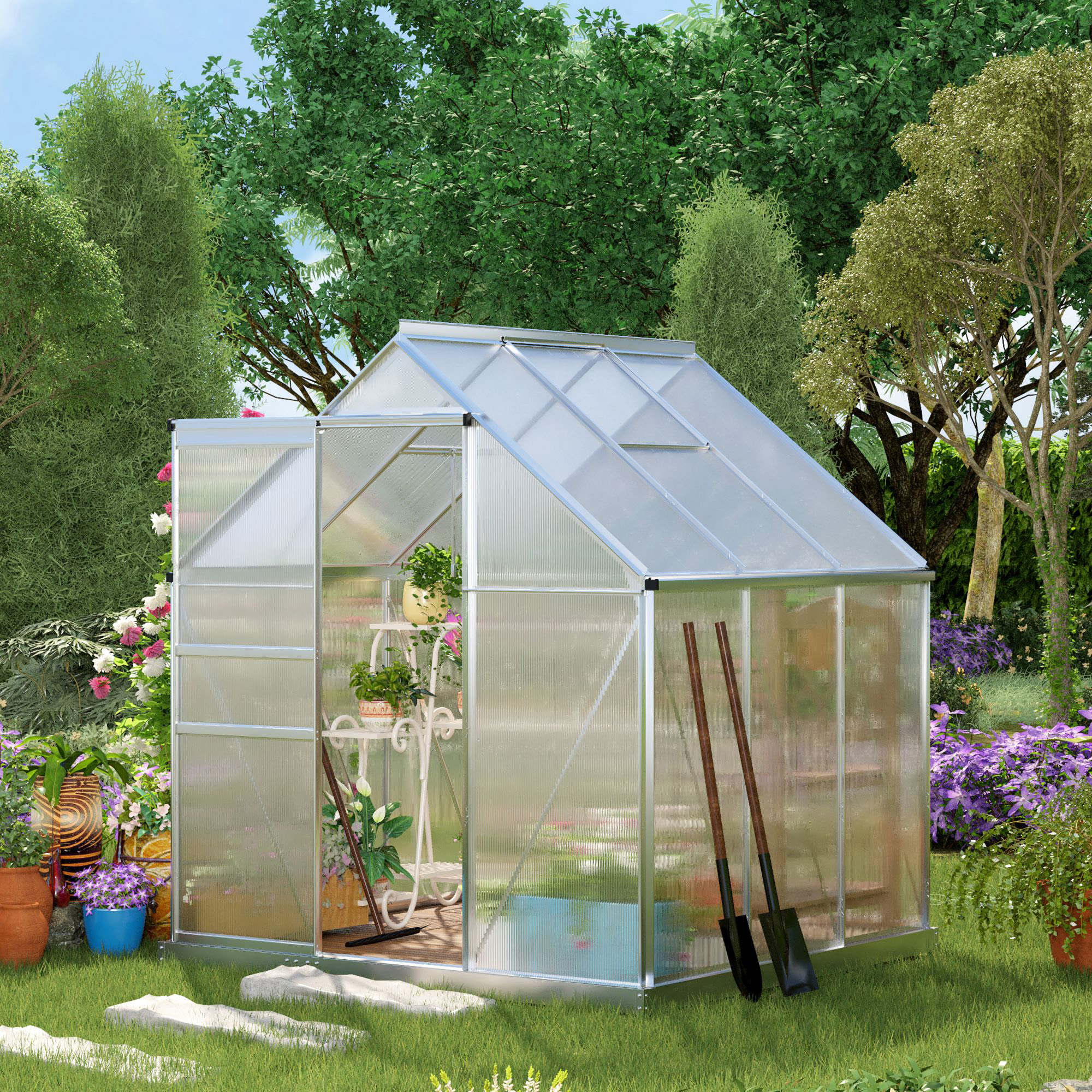 6x6 Polycarbonate Greenhouse - Walk-in Heavy Duty Design with Aluminum Frame, Adjustable Vent & Sliding Door