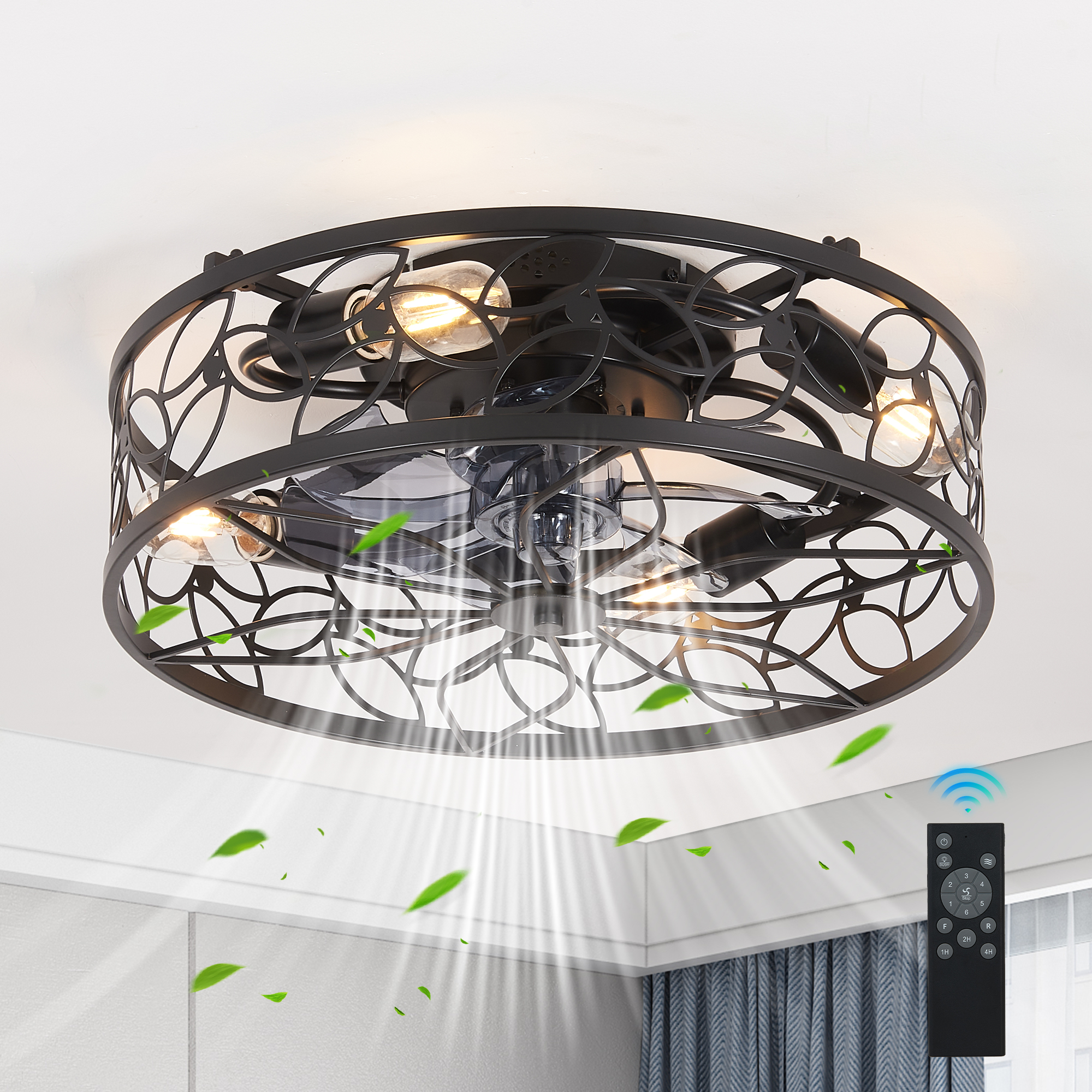 18-Inch Black Vintage Caged Ceiling Fan Light - Silent DC Motor, 6-Speed Remote Control, Industrial Style